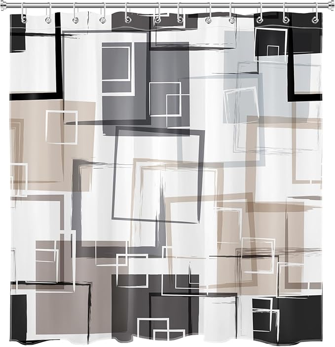 Tan Abstract Geometric Shower Curtain Sets with Rugs, Grey Black and White Geometric Textured Bathroom Curtain 70L X 70W Inches Polyester Fabric Bathroom Decoration Shower Curtain Set