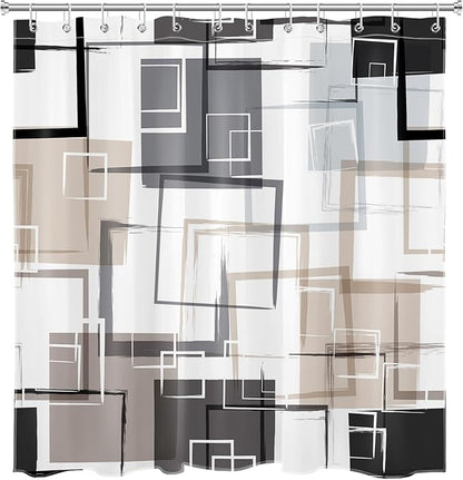 Black and Tan Geometric Shower Curtain with Hooks, Grey and White Abstract Striped on White Fabric Shower Curtain for Bathroom Decor Modern Minimalist Shower Curtain Set,72L X 72W inches