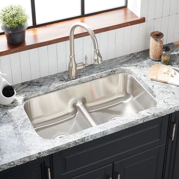 Signature Hardware 447792 Calverton 32" Undermount 50/50 Double Basin Stainless Steel Kitchen Sink | Stainless Steel - Stainless Steel