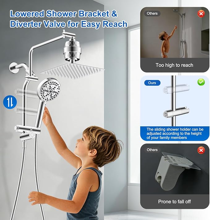 Metal 10" Filtered Rainfall Showerhead Combo, Easy Reach, Chrome | 4-Way Diverter with Pause Mode, High Pressure Shower Head with 10-Spray Handheld, 71" Hose/12" Extension Arm/Holder