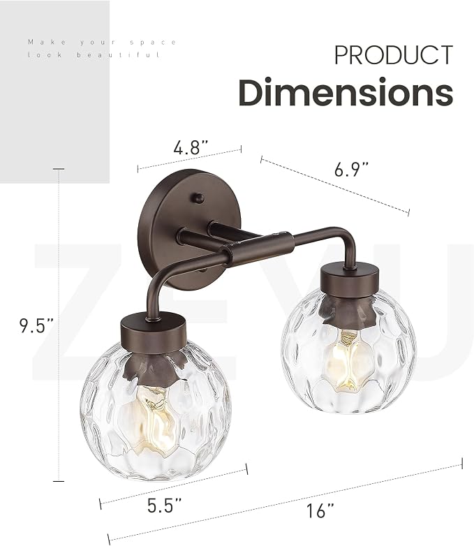 zeyu 2-Light Bathroom Vanity Light, Farmhouse Wall Sconce Lighting with Water Ripple Globe Glass, Oil Rubbed Bronze Finish, ZS62BG-2W ORB-WG