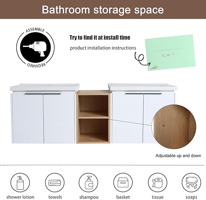 Malwee 60" Floating Bathroom Vanity with White Ceramic Basin Sink Top, 60 Inch Double Sink Wall Mounted Bathroom Vanity, with 4 Doors and Storage Shelve.MA07460