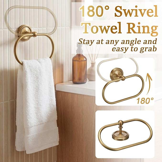 6 Pcs Antique Brass Gold Bathroom Hardware Set, Adjustable Towel Bar Holder (15.7-26.7 Inch), Toilet Paper Holder, Robe Hook, Toilet Brush & Soap Dish, Vintage Wall Mounted Accessories