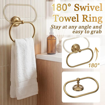 6 Pcs Antique Brass Gold Bathroom Hardware Set, Adjustable Towel Bar Holder (15.7-26.7 Inch), Toilet Paper Holder, Robe Hook, Toilet Brush & Soap Dish, Vintage Wall Mounted Accessories