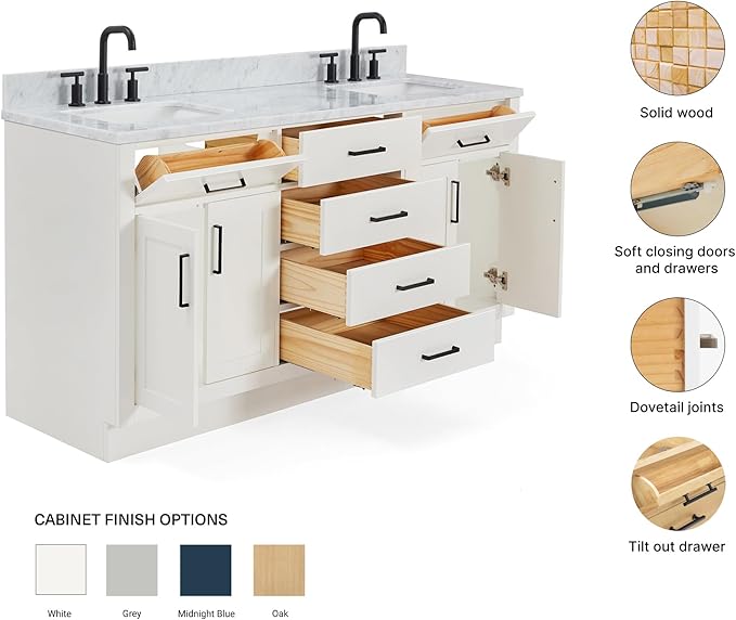 ARIEL Hepburn 66-inch Bathroom Vanity with Sink,Solid Wood, 0.75-inch Italian Carrara Marble Countertop, Double Rectangular Porcelain Sink, 4 Soft Closing Doors, 6 Dovetail Drawers, White