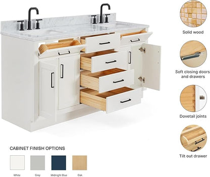 ARIEL Hepburn 66-inch Bathroom Vanity with Sink,Solid Wood, 0.75-inch Italian Carrara Marble Countertop, Double Rectangular Porcelain Sink, 4 Soft Closing Doors, 6 Dovetail Drawers, White