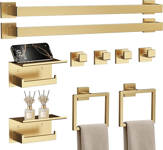 10-Piece 23.6 Inch Brushed Gold Bathroom Hardware Accessories Set | Stainless Steel Bath Extended Towel Bar, Toilet Paper Holder with Shelf, Towel Hooks, Square Towel Ring Wall Mounted