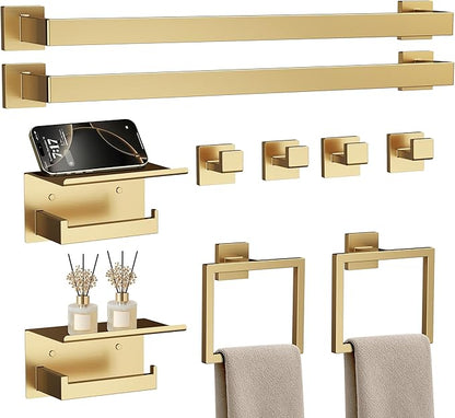 10-Piece 23.6 Inch Brushed Gold Bathroom Hardware Accessories Set | Stainless Steel Bath Extended Towel Bar, Toilet Paper Holder with Shelf, Towel Hooks, Square Towel Ring Wall Mounted