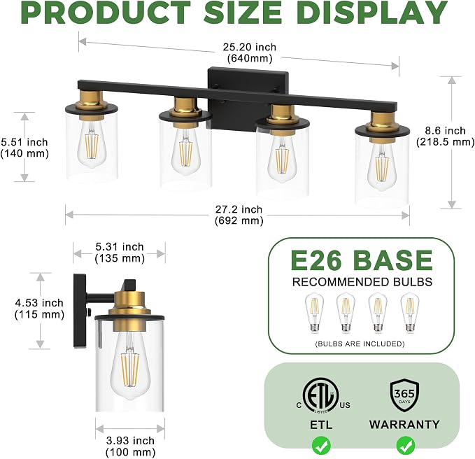 DORESshop 4-Light Black and Gold Bathroom Light Fixture with 4 Bulbs | Modern Vanity Mirror Light, Black Gold Vanity Light Fixture With Glass Shade and Bulbs, Wall Sconce for Bedroom Hallway