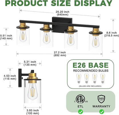 DORESshop 4-Light Black and Gold Bathroom Light Fixture with 4 Bulbs | Modern Vanity Mirror Light, Black Gold Vanity Light Fixture With Glass Shade and Bulbs, Wall Sconce for Bedroom Hallway