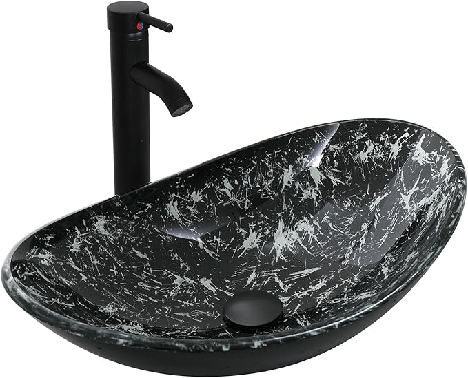 Bathroom Boat Shape Artistic Glass Vessel Sink with Chrome Faucet and Pop-up Drain Set, Black