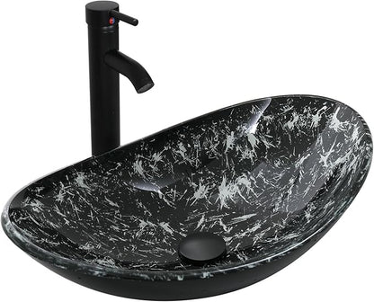 Bathroom Boat Shape Artistic Glass Vessel Sink with Chrome Faucet and Pop-up Drain Set, Black