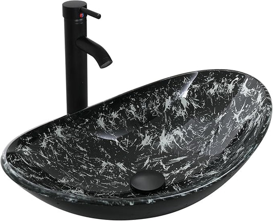 Bathroom Boat Shape Artistic Glass Vessel Sink with Chrome Faucet and Pop-up Drain Set, Black