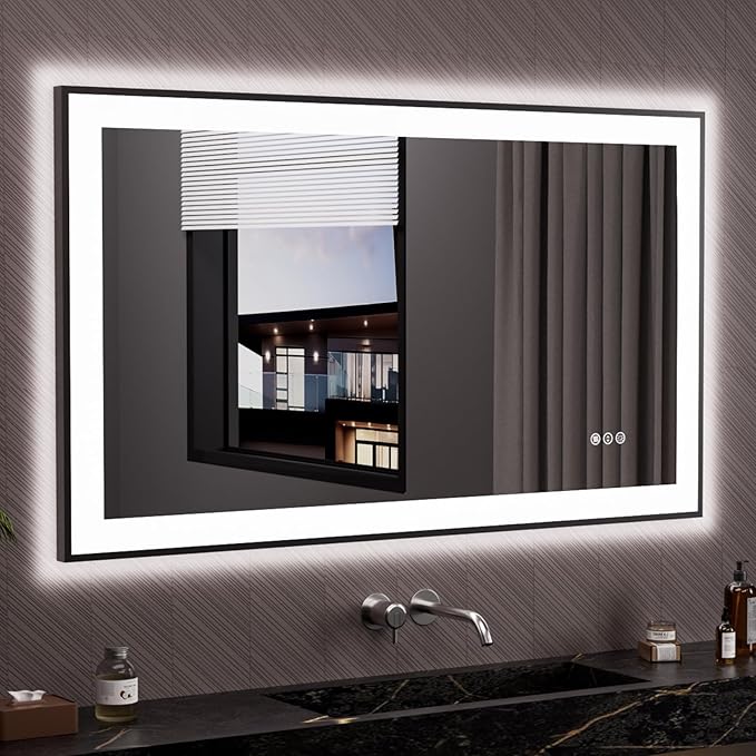 LOAAO 48"X28" LED Bathroom Mirror Black Framed | Anti-Fog, Dimmable, Memory Function, Tempered Glass, Lighted Vanity Mirror for Wall