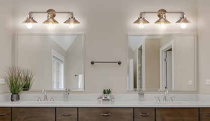 JONATHAN Y 26.5" Brass Gold 3-Light Industrial Farmhouse Metal Vanity Light Wall Sconce, Metal Shade for Bathroom Mirror, Kitchen, Entryway, LED Bulb Included (JYL7431A)