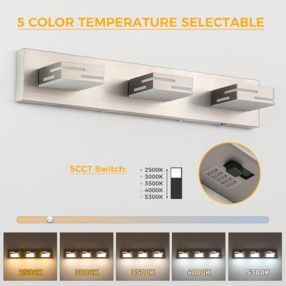 3-Light 5CCT Modern Bathroom Vanity Light Fixtures, 24-Inch 350° Rotatable LED Vanity Lights Over Mirror, Dimmable Brushed Nickel Wall Sconce with Frosted Acrylic Shade