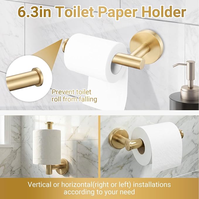 Brushed Gold 5-Piece Bathroom Hardware Set, Bathroom Accessories Set | SUS304 Stainless Steel, 24 inch Towel Bar, Towel Racks for Bathroom, Toilet Paper Holder Wall Mounted, Robe Towel Hooks
