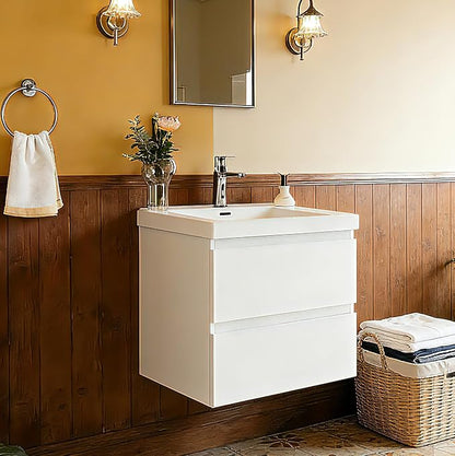 Modern 24" Floating Bathroom Vanity with Sink | Advanced Wall-Mounted Cabinet, Resin Top Basin, Soft Close Drawers | Easy to Install Glossy White