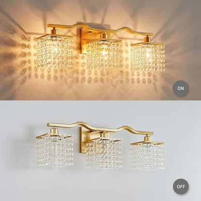 WUZUPS 3-Light Bathroom Light Fixture Over Mirror Morden Vanity Wall Sconces Light Clear Crystal Drop for Bedroom Living Room, E12 Base, Gold