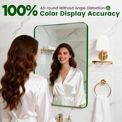 24" x 28" Green Bathroom Mirror Wall Mounted, Matte Aluminum Alloy Frame with Rounded Corners, Shatterproof Tempered Glass, Anti-Rust HD Vanity Mirror for Bathroom, Bedroom, Entryway