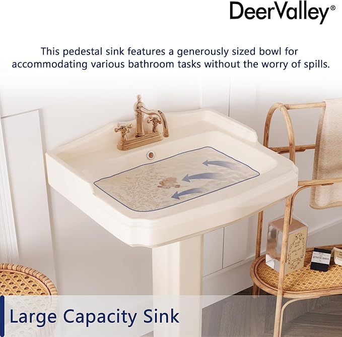 DeerValley 23x19 Inch Bone Pedestal Sink Combo, Ceramic Pedestal Sink for Bathroom with Overflow and 3 Faucet Holes, DV-1P522BN