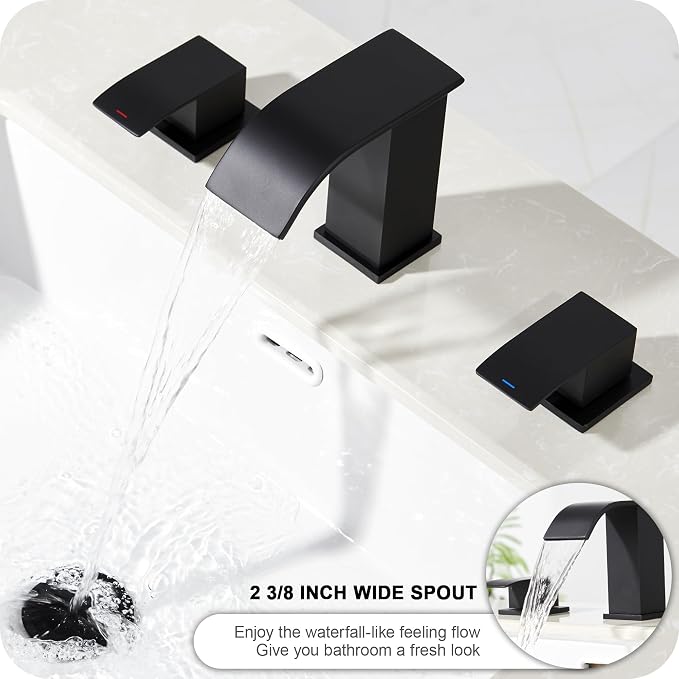8 Inch Waterfall Bathroom Faucets - 3 Hole Widespread Bathroom Faucet with Pop-up Drain, Bathroom Sink Faucet, Modern Vanity Sink faucets with Supply Lines, Matte Black, JJL-3JT-PB-B-DXS-X