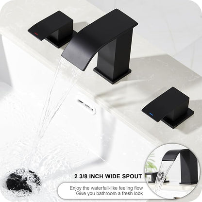 8 Inch Waterfall Bathroom Faucets - 3 Hole Widespread Bathroom Faucet with Pop-up Drain, Bathroom Sink Faucet, Modern Vanity Sink faucets with Supply Lines, Matte Black, JJL-3JT-PB-B-DXS-X