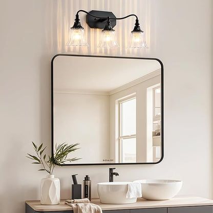 Bathroom Vanity Black Vintage Light Fixture, 3 Lights Bathroom Lighting Matte Antique Brass Finish with Crystal Glass Shade, Black Vintage Vanity Light for Bathrooms