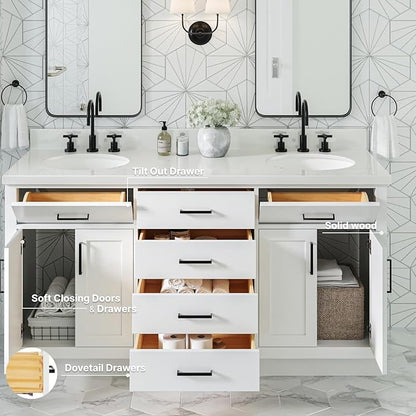 ARIEL Hepburn 66-inch Bathroom Vanity with Sink,Solid Wood, 1.5-inch Pure White Quartz Countertop & Backsplash, Double Oval Porcelain Sink, 4 Soft Closing Doors, 6 Dovetail Drawers, White