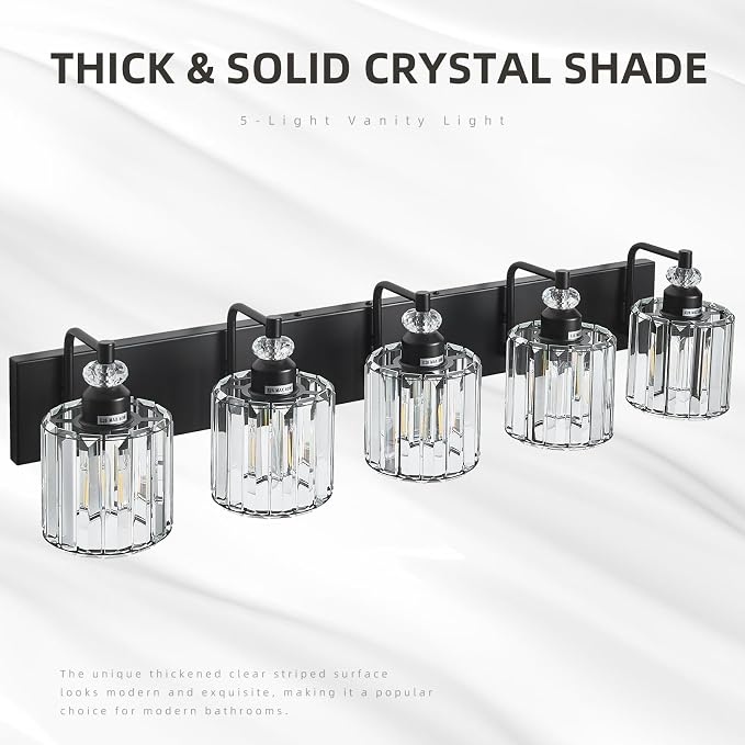 5-Light Black Bathroom Light Fixtures Over Mirror Modern Vanity Lights Crystal Wall Sconce Vintage Bathroom Lighting with Crystal Shade E26 Base for Bedroom, Living Room, Hallway