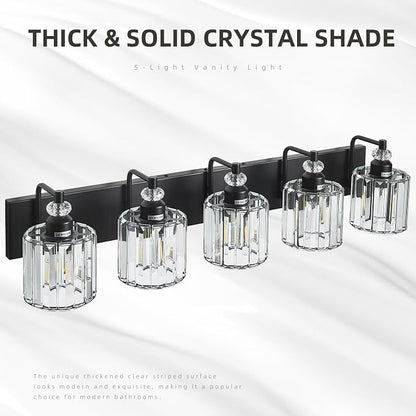 5-Light Black Bathroom Light Fixtures Over Mirror Modern Vanity Lights Crystal Wall Sconce Vintage Bathroom Lighting with Crystal Shade E26 Base for Bedroom, Living Room, Hallway