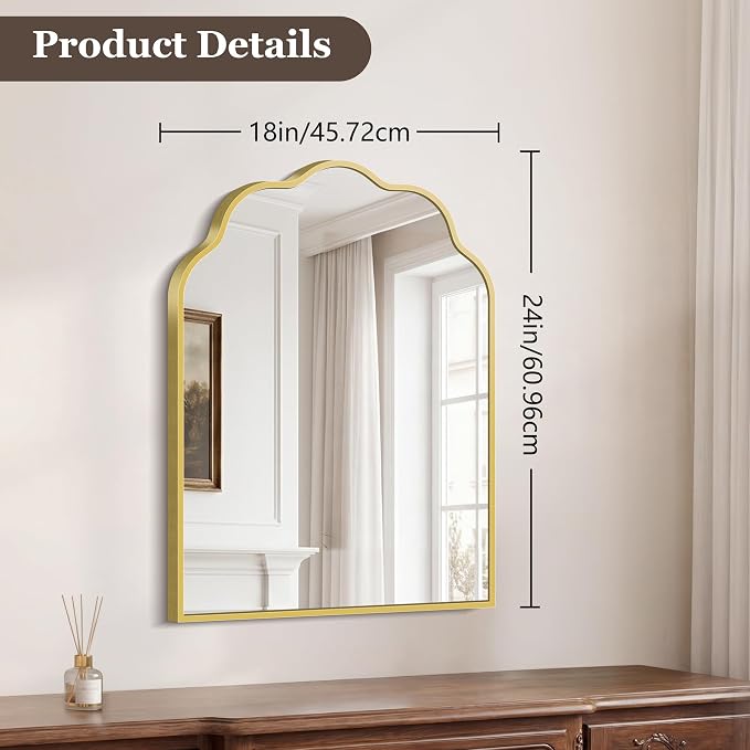 Gold Arched Mirror, 18×24Inch Scalloped Bathroom Mirror, Wavy Wall Mounted Vanity Mirror with Aluminum Alloy Frame for Livingroom Bedroom and Entryway, Tempered Glass