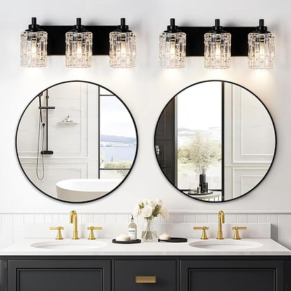 Bathroom Light Fixtures, 3-Light Black Bathroom Vanity Light, Modern Wall Sconces with Clear Glass Shade, Black Wall Lights for Mirror Kitchen Bedroom Hallway, E26 Base