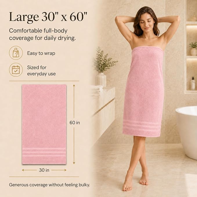 Velqora Bath Towels, 4 Pack, 30x60 in, 100% Cotton, Soft & Absorbent, Pink | Balanced Weight | Everyday Comfort | Easy Care