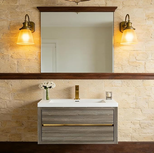 Modern 30" Wall-Mounted Bathroom Vanity with Sink | Floating Storage Cabinet, Stone Resin Countertop, Soft Close Drawers | Ash Grey
