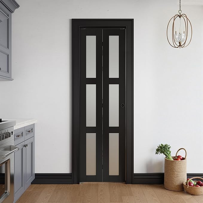 Bifold Doors for 28" x 80" Opening,Tempered Frosted Glass,Black | Closet Folding Doors with Hardware kit Included, Easy Assembly for Pantry Closet,Water-Proof PVC Surface