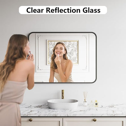Koonmi Bathroom Mirror, 30X40 Inch Black Metal Framed Mirror for Bathroom, Tempered Glass, Anti-Rust, Rounded Rectangle Mirror for Restroom, Bedroom, Black