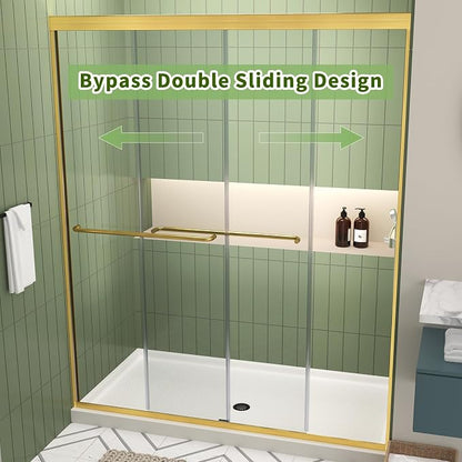 ACE DECOR Double Sliding Shower Door, 56-60" W x 70" H, Brushed Gold Finish | Bypass Semi-Frameless Shower Doors, 6mm Clear SGCC Tempered Glass, Easy-Clean Nano Coating&Leak-proof&Reversible Installation