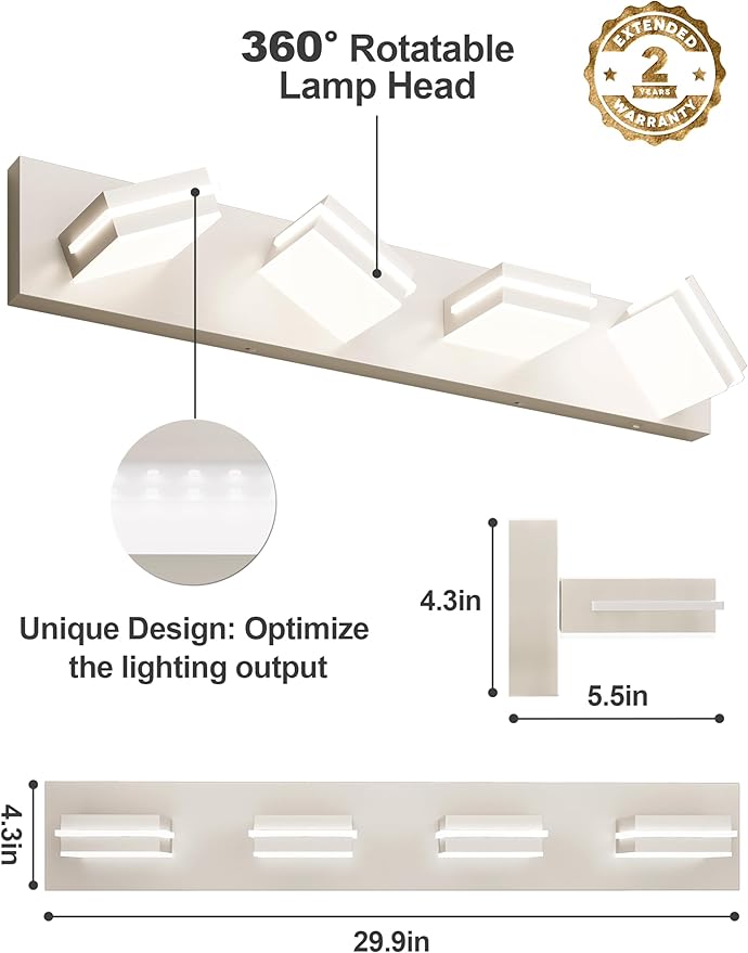 VOLISUN Modern Bathroom Vanity Light Fixtures (4-Light, 30-Inch), Brushed Nickel LED Bathroom Light Fixtures Over Mirror, 360°Rotatable Head, LED Vanity Lights for Bathroom (Cool White 6000K)