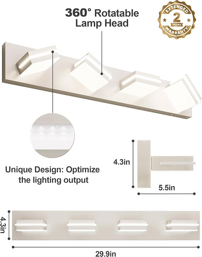 VOLISUN Modern Bathroom Vanity Light Fixtures (4-Light, 30-Inch), Brushed Nickel LED Bathroom Light Fixtures Over Mirror, 360°Rotatable Head, LED Vanity Lights for Bathroom (Cool White 6000K)