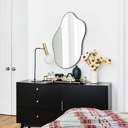 20x33 Inch Irregular Black Bathroom Wall Mirror Asymmetrical Vanity Mirror | Farmhouse Accent Vanity Mirror Hanging Horizontal/Vertical Black Wood Wall Mirror Decorative for Bathroom Bedroom Entryway