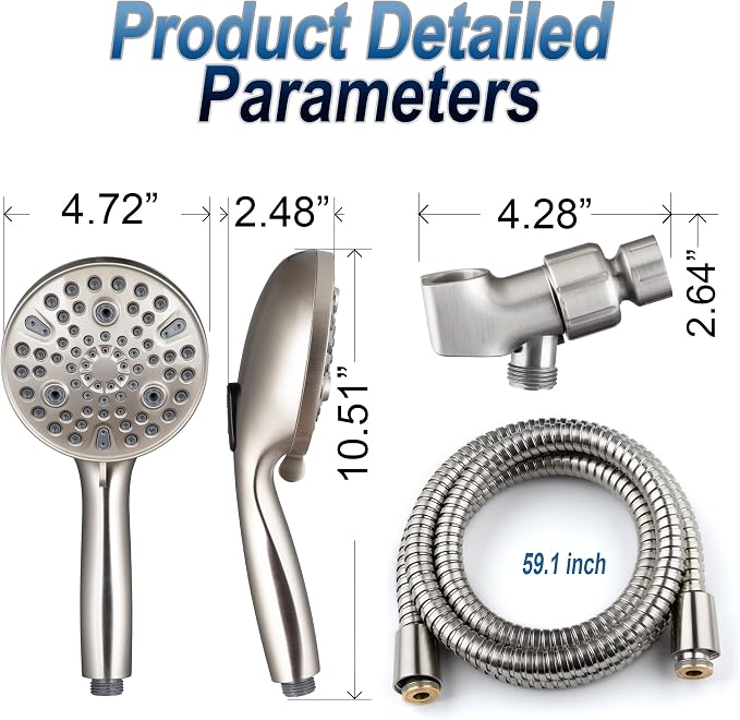High Pressure Handheld Shower Head, 10-Setting Showerhead, 4.7”Detachable Showerhead Set with 5ft Hose, Adjustable Bracket and Built-in Power Wash to Clean Tub, Tile & Pets - Brush Nickel