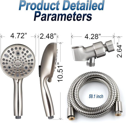 High Pressure Handheld Shower Head, 10-Setting Showerhead, 4.7”Detachable Showerhead Set with 5ft Hose, Adjustable Bracket and Built-in Power Wash to Clean Tub, Tile & Pets - Brush Nickel
