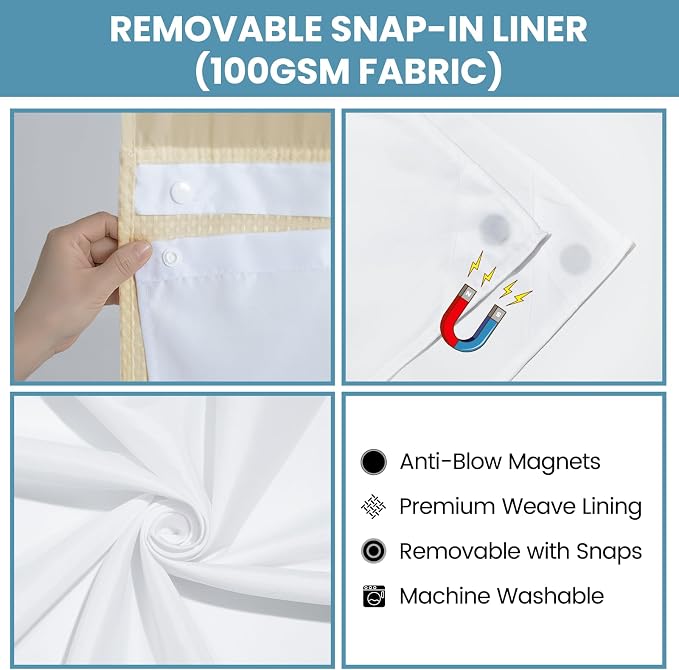 SORTTO No Hook Shower Curtain with Snap in Liner Set Waffle Shower Curtain for Bathroom Hotel Style Fabric Waterproof Inner Liner，71" W x 74" H, Cream