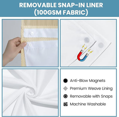 SORTTO No Hook Shower Curtain with Snap in Liner Set Waffle Shower Curtain for Bathroom Hotel Style Fabric Waterproof Inner Liner，71" W x 74" H, Cream