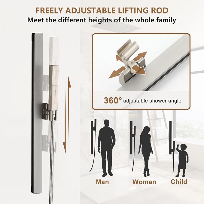 CASAINC 27x16 Inch Thermostatic Shower System Luxury 6 Functions Full Body Shower System with Sliding Rod 2 in 1 Handheld, LED & Music (Brushed Nickel)