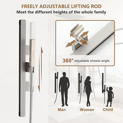 CASAINC 27x16 Inch Thermostatic Shower System Luxury 6 Functions Full Body Shower System with Sliding Rod 2 in 1 Handheld, LED & Music (Brushed Nickel)