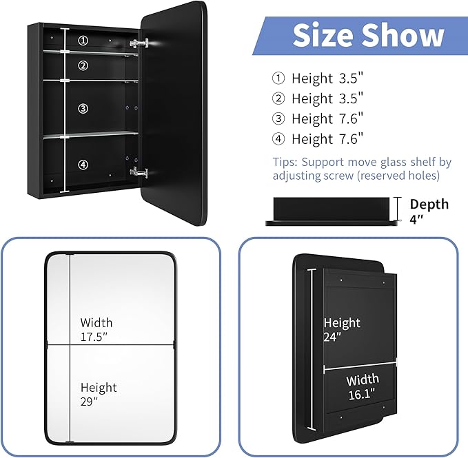 Vintage-Style Bathroom Wood Black Cabinet with 17.5''x29'' Black Metal Frame Curved Mirror, Recessed Medicine Cabinet, Bathroom Storage Cabinet