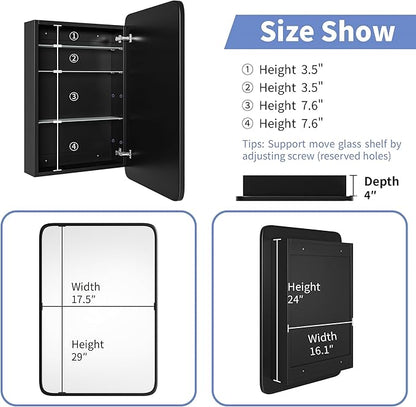 Vintage-Style Bathroom Wood Black Cabinet with 17.5''x29'' Black Metal Frame Curved Mirror, Recessed Medicine Cabinet, Bathroom Storage Cabinet
