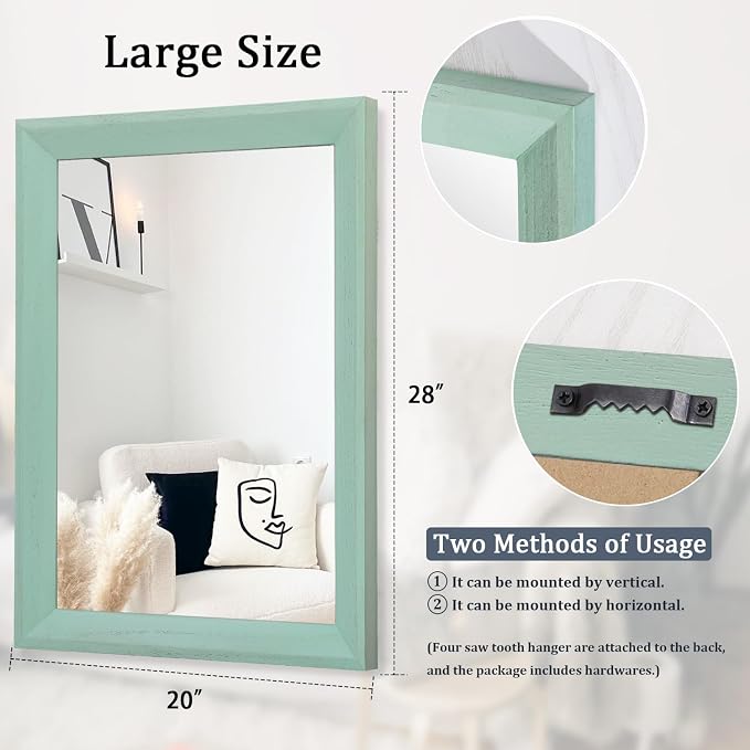 AAZZKANG Wood Framed Mirror Rectangle Modern Farmhouse Wall Mirrors Decor Large 28"x20" for Bedroom Living Room Bathroom Dressing Room Green